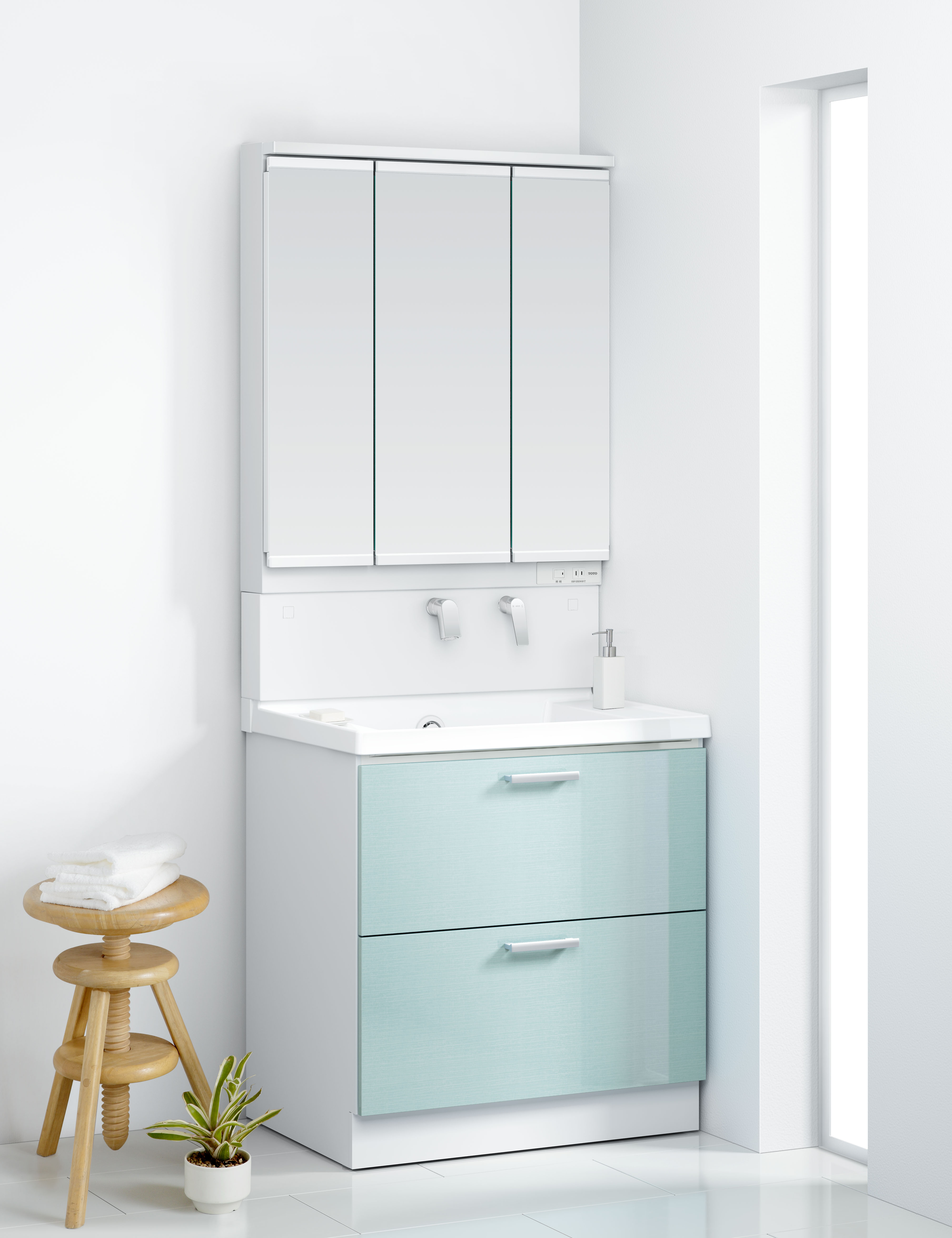 TOTO 洗面化粧台 KZ 間口75cm ワイド3面鏡2段引出