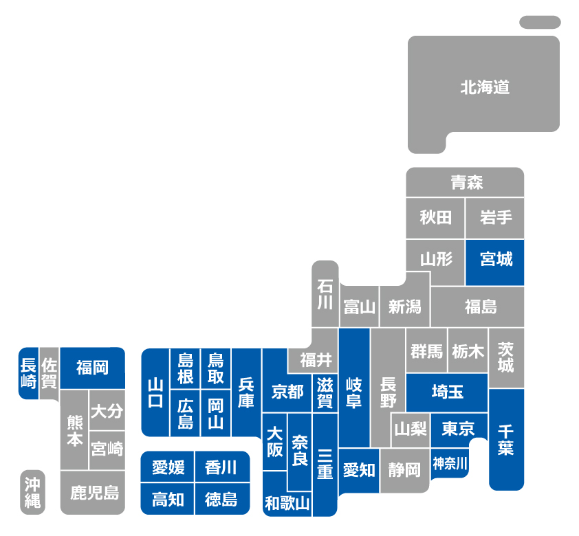 コーナン店舗のある都道府県が示された日本地図のイラスト