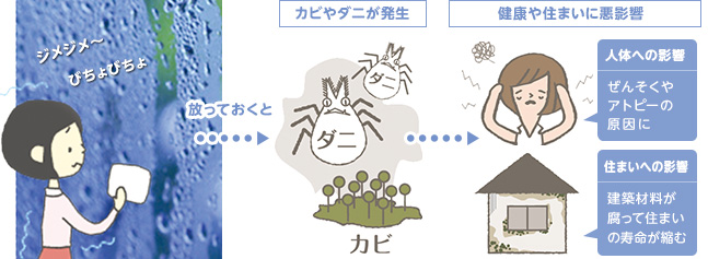 放っておくと　カビやダニが発生　健康や住まいに悪影響