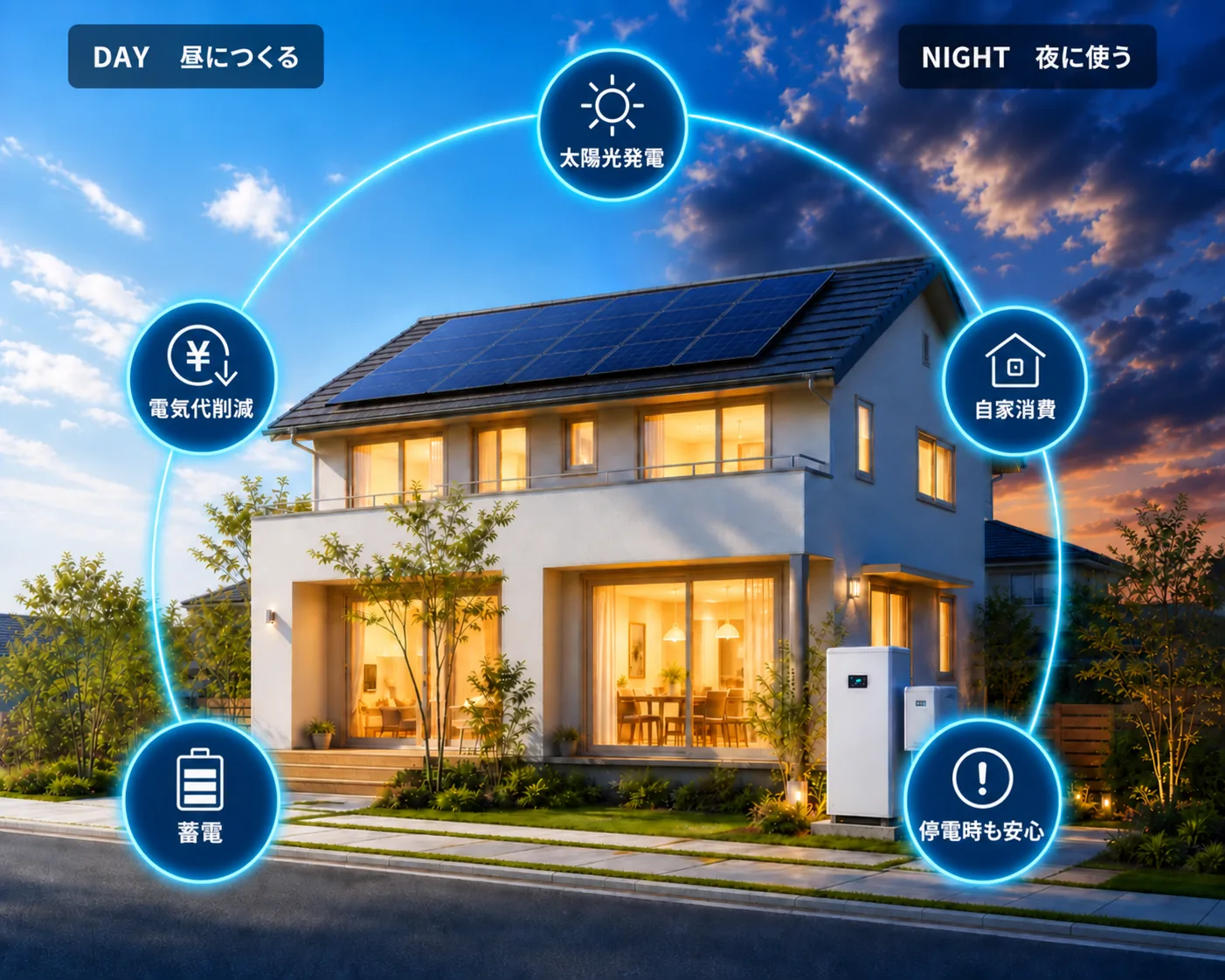 明るい住宅で、昼は太陽光発電、夜は蓄電池を活用する様子を示した解説図